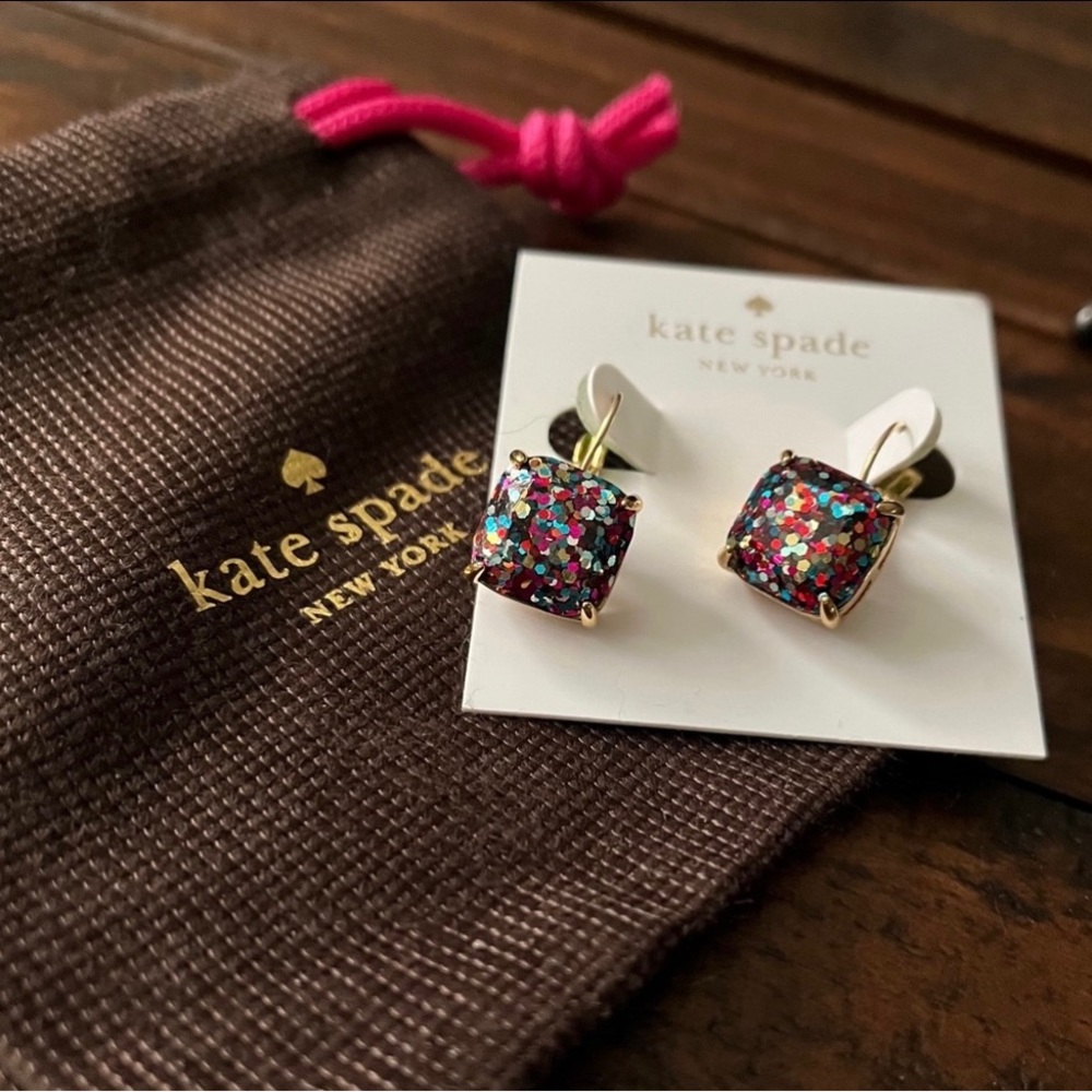 NWT Kate Spade Multi Glitter Gold Lever Back Square Drop Earrings